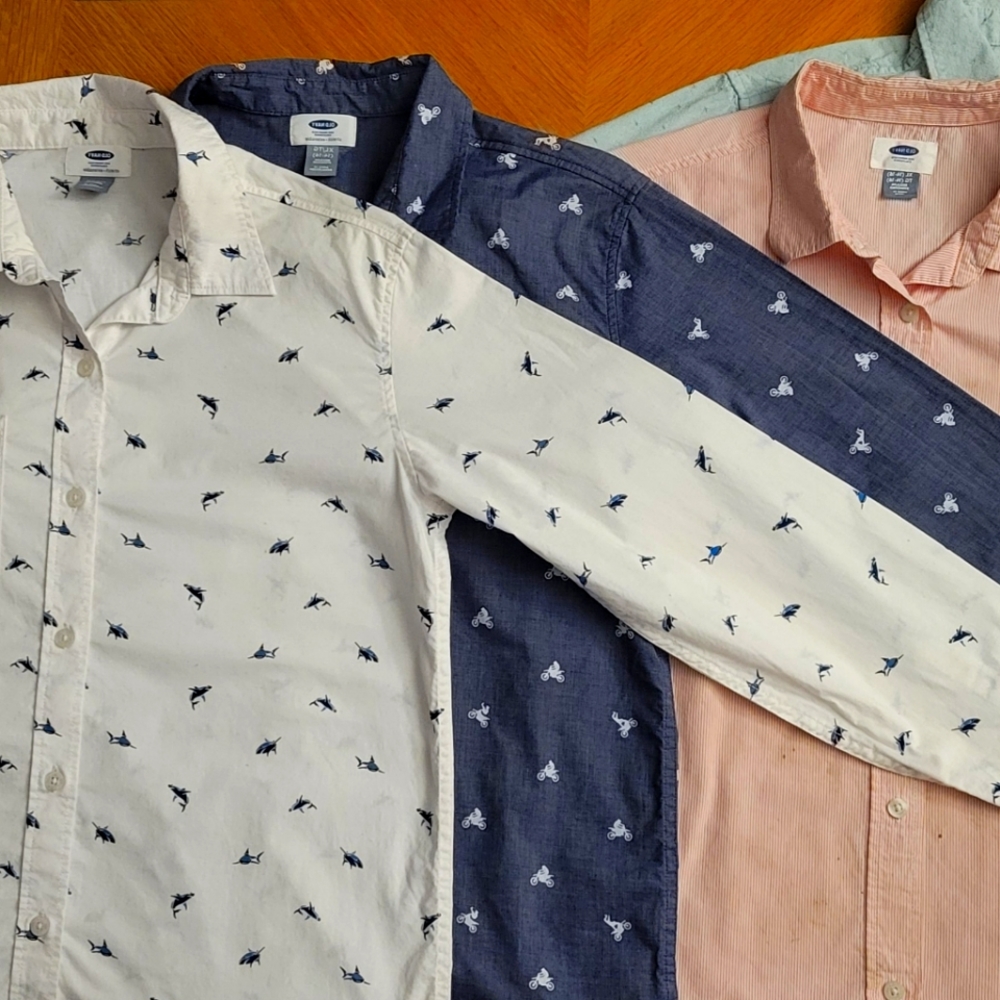 Four Old Navy button down shirts, two long sleeve and two short sleeve.